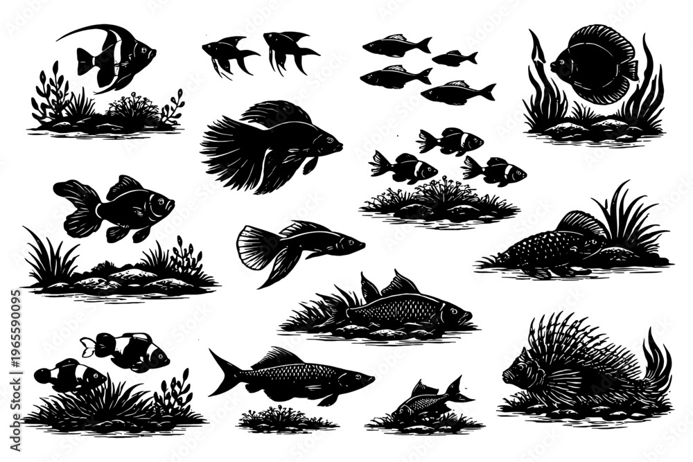 Obraz premium Collection of various fish silhouettes with aquatic plants.