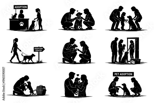 Silhouettes of pet adoption: heartwarming interactions between humans and dogs.
