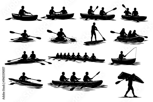 Silhouettes of people canoeing, rowing, kayaking, paddleboarding, and fishing activities.