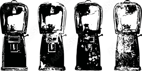 four vintage gas pumps standing in a row with worn surfaces and classic design