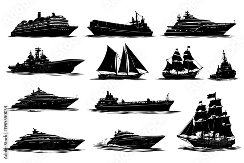 Silhouette collection of various ships and boats in black and white.