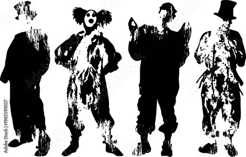 four vintage circus clowns silhouettes in various costumes and poses, spooky theatrical