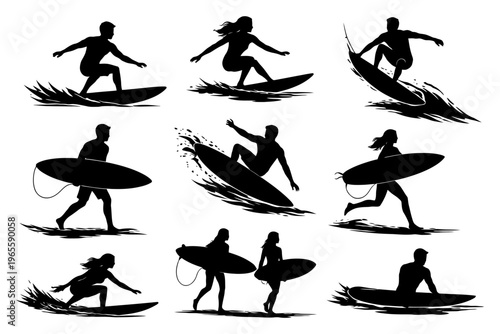 Silhouettes of surfers in action: male and female surfing poses and moves.