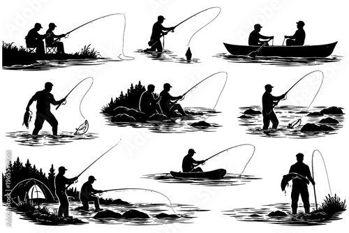 Silhouette of people fishing in various scenarios - outdoor recreational activity.