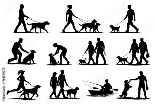 Silhouettes of people walking dogs and enjoying outdoor activities.