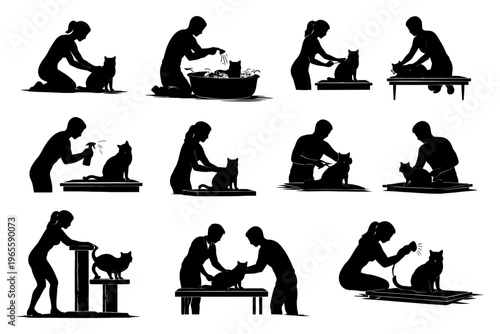 Silhouettes of people grooming cats in various activities.