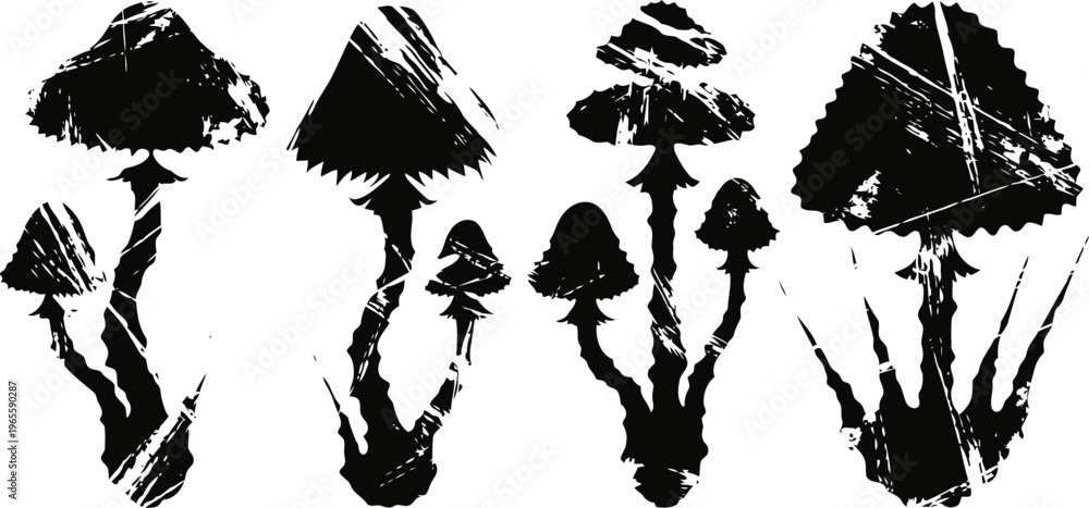 Obraz premium Black ink mushrooms silhouettes set abstract artistic fungi shapes with textured grunge nature elements art collection