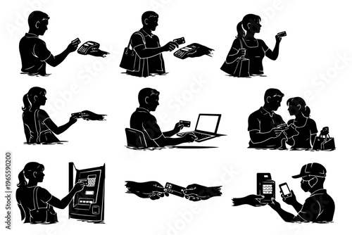 Silhouette illustrations of diverse people using payment technology.