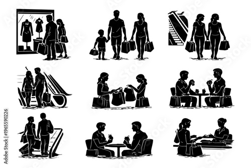 Male and female shoppers and diners engaging in various activities.