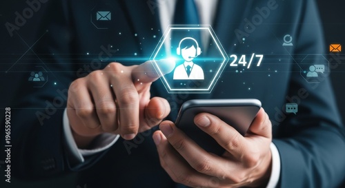 Business professional using 24/7 AI customer support on smartphone with futuristic digital interface