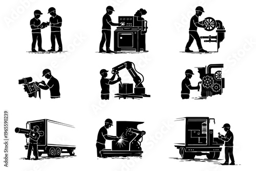 Industrial workers operating machinery and robots in various manufacturing processes.