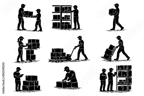 Silhouette warehouse workers handling packages and inventory tasks.
