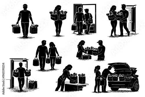 Men and women shopping and carrying groceries in various everyday scenarios.