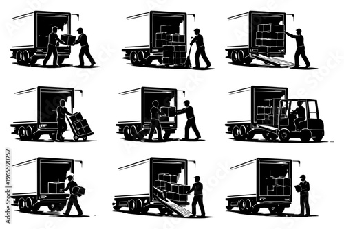 Silhouette delivery workers loading and unloading trucks.