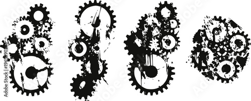 abstract gear and cogwheel shapes forming intricate mechanical patterns in black and white