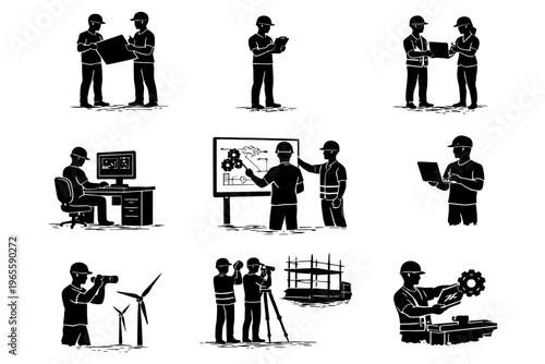 Engineering teamwork and planning silhouettes on construction site.