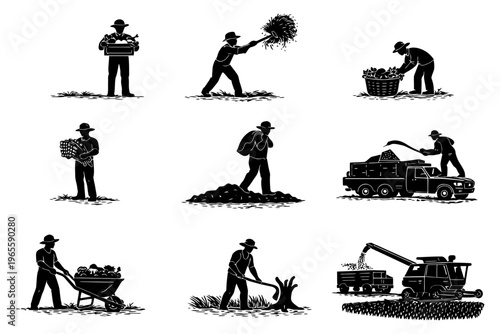 Silhouettes of farmers engaged in various agricultural activities.