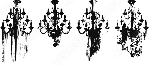 grunge black chandelier silhouettes with dripping paint textures, vintage ornate light fixtures
