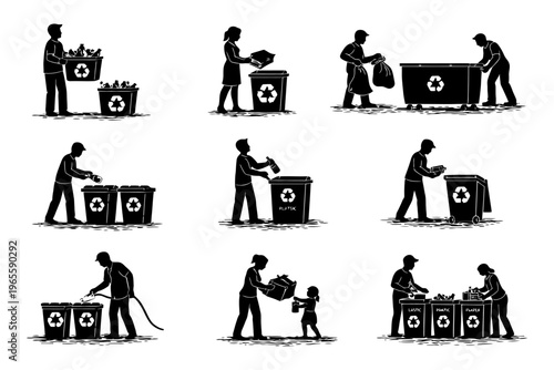 Silhouette figures recycling: diverse individuals practicing waste management.