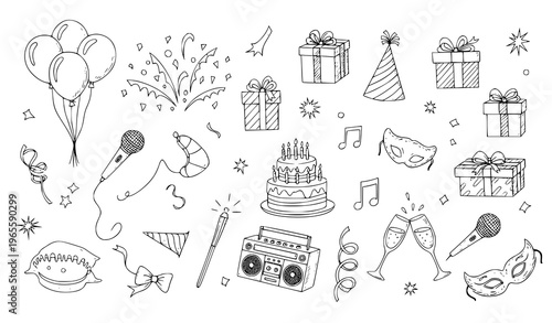 Birthday party illustrations with balloons gifts cake and music