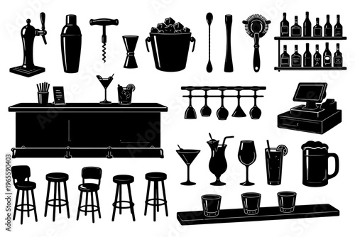Silhouettes of bar tools and furniture for cocktail mixology.