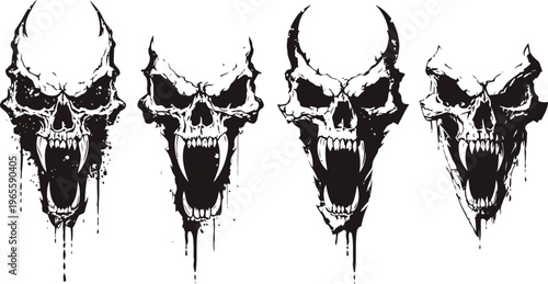 Four aggressive skull illustrations with dripping effect, horror style, dark fantasy design elements