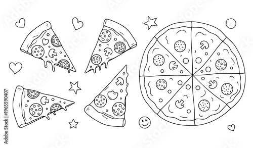 A delicious illustration of a whole pizza and slices with various toppings and decorative elements