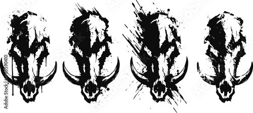 wild boar skull grunge illustration set with black ink splatters and brush strokes