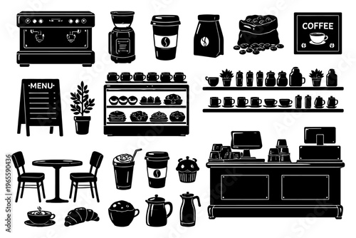 Black and white coffee shop elements: machines, menu, beverages, pastries, decor.