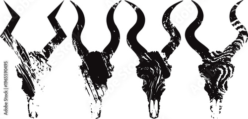 grunge animal skull illustrations with various horn shapes and distressed textures