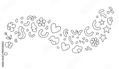 Whimsical line drawing of hearts stars and florals in a dreamy celestial arrangement