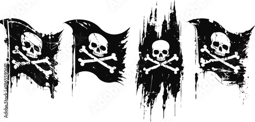 Set of four black pirate flags with skull and crossbones designs in distressed