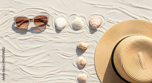 Minimal Summer Beach Flat Lay with Sunglasses, Straw Hat and Seashells on Sand Texture