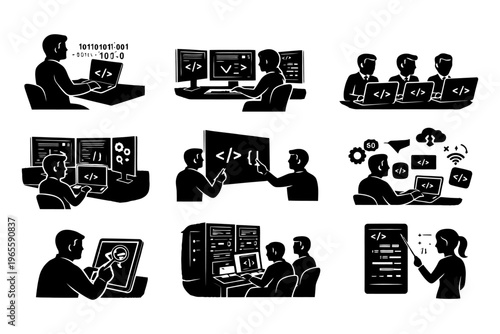 Monochrome illustrations of developers and programmers in various tech scenarios.