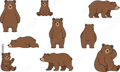 Cute brown grizzly bear character set in various poses including standing walking sitting and lying down for wildlife and nature concept flat vector