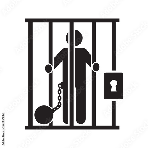 Prisoner Behind Bars in Jail Cell with Ball and Chain Icon, Black Silhouette Vector Illustration
