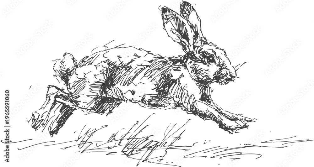 Obraz premium sketch of a running rabbit in motion hand drawn wild animal, nature and wildlife illustration