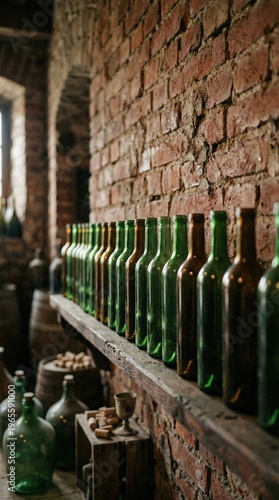 A charming display of green glass bottles rests on wooden shelves against a backdrop of rustic brick walls. Sunlight spills in, illuminating the warm atmosphere of the cellar.