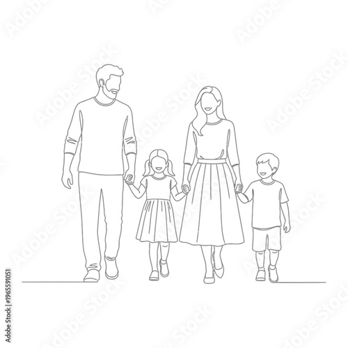 Family walking line art with holding hands