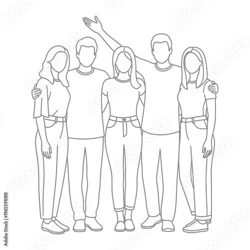 Group of five people line art with simple, outlin