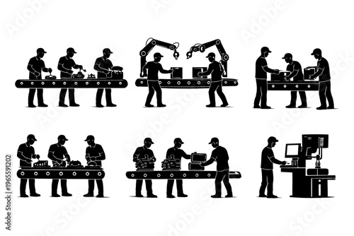 Silhouette workers and robots on assembly line automation.