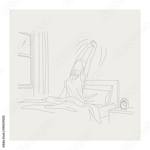 Person stretching in bed line art with waking up