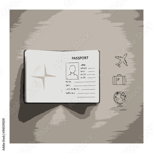 Passport and travel icons with flat lay
