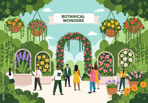 People admiring beautiful flowers and plants at a botanical garden exhibition.