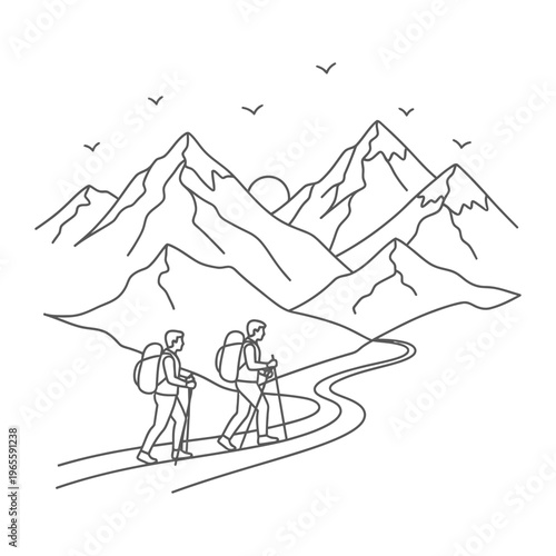 Hiking couple mountains line art