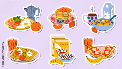 Breakfast still life food stickers set with fried eggs, pancakes, cereal, and waffles. Flat cartoon illustrations of morning meals compositions including coffee, orange juice, milk, and fruits.