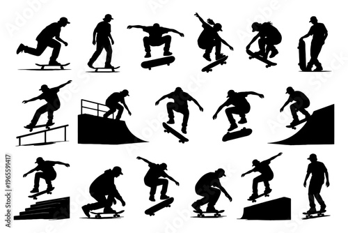 Silhouettes of skateboarders performing tricks on ramps and stairs.