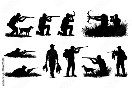 Silhouettes of hunters with dogs and bows in action poses.
