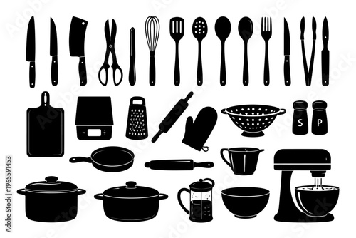 Silhouette collection of kitchen utensils and cookware essentials.