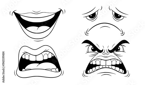 Cartoon faces with different expressions of anger and happiness